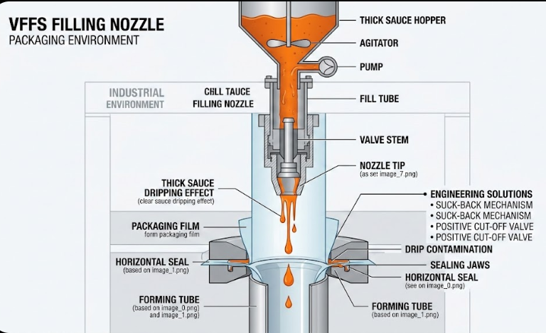 Technischer Querschnitt des VFFS-Abfüllstutzens mit dickem Soßentropf-Effekt, industrielle Verpackungsumgebung, saubere technische Illustration